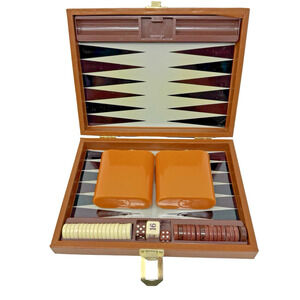 Vintage Travel Magnetic Backgammon Faux Leather Case/Box ROC Read Description